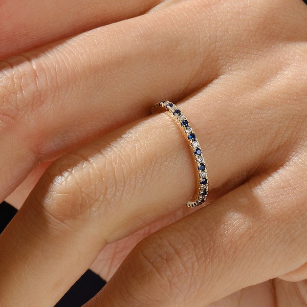 14k Solid Gold Alternating Sapphire Eternity Ring / Full Eternity Stackable Birthstone Ring for Women / Minimalist Birthday Gemstone Ring