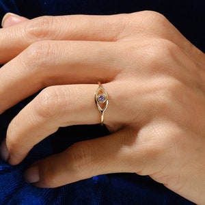 Bezel Evil Eye Birthstone Ring / Mother&#39;s Day Gift / 14k Solid Gold Bezel Birthstone Ring / Custom Made Birthstone Rings for Women