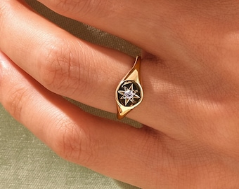 Bague chevalière en pierre de naissance Polaris Gold Vermeil / Bague en pierre de naissance North Star / Bague en pierre de naissance / Chevalière minimaliste / Cadeau personnalisé