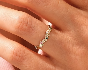 Floral Birthstone Ring / Nature-Inspired Leaf Ring in 14K Gold / Personalized Gemstone Ring for Women / Birthday Gift for Women