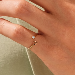 Initial Birthstone Ring / 14K Gold Birthstone Ring / Personalized Gemstone Ring for Women / Custom Letter Ring / Birthday Gift for Her