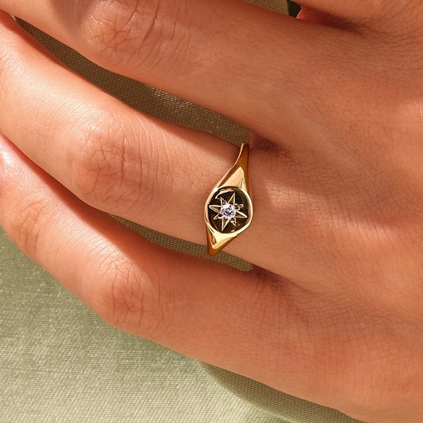 Gold Vermeil Polaris Birthstone Signet Ring / North Star Birthstone Ring / Birthstone Ring / Minimalist Signet  / Personalized Gift