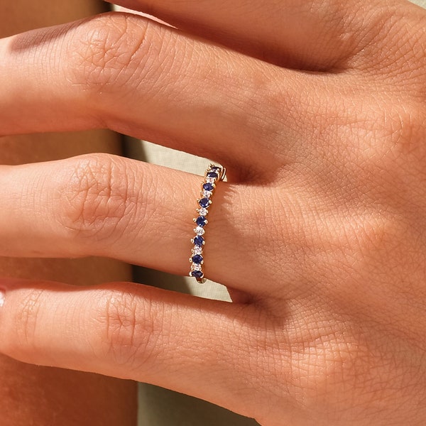 Floating Round Cut Birthstone Ring / Half Eternity Sapphire Ring / Minimalist Birthstone Ring / Sapphire Jewelry / Mother's Day Gift