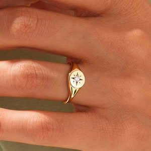 North Star Signet Birthstone Ring, 14k Custom Gemstone Ring, Gift for Her
