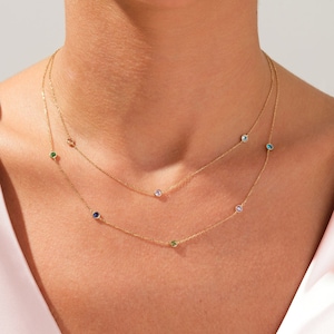 14k Solid Gold Bezel Set Station Multi-Stone Necklace/Personalized Gifts for Wife/Mother&#39;s Day Gift Idea/Custom Birthstone Jewelry for Women