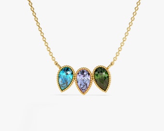 14k Solid Gold Pear Cut Multi-Stone Necklace /Personalized Gifts For Mothers /Custom Made Mother&#39;s Day Gift/Pear Cut Birthstone Necklace