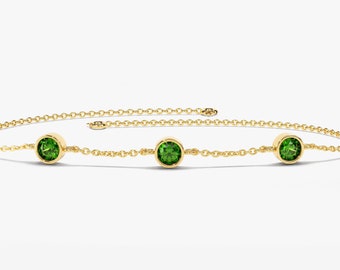 14k Solid Gold Emerald Station Bracelet / Personalized Family Bracelet / Multi Birthstone Bracelet / Custom Made Birthstone Gifts for Women