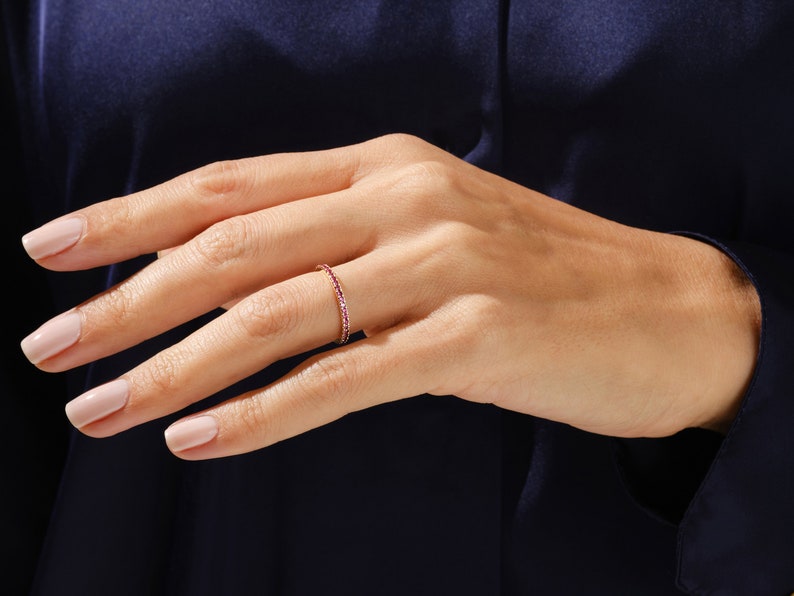 14k Solid Gold Birthstone Eternity Ring / Full Eternity Stackable Gemstone Ring for Women / Minimalist Birthday Birthstone Ring image 5