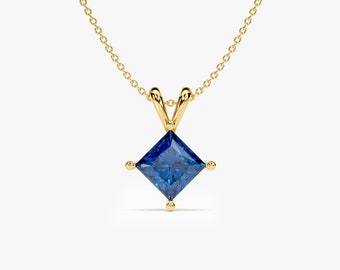 Gold Vermeil Princess Cut Simulated Diamond Pendant Necklace / Personalized Gifts for Women / Custom Made Birthstone Gift for Wife