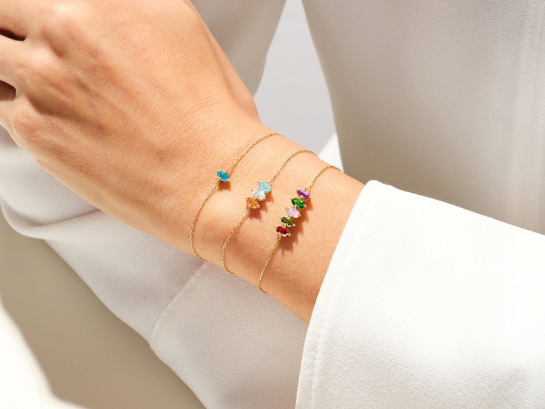 14k Solid Gold Oval Cut Birthstone Bracelet / Custom Made Birthstone Gifts for Women & Wife / Personalized Multi-Stone Family Bracelet image 1