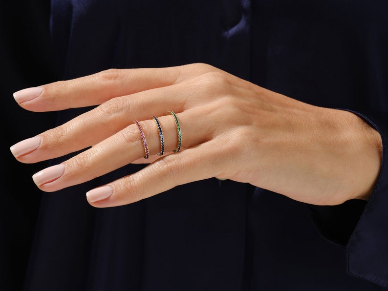 14k Solid Gold Birthstone Eternity Ring / Full Eternity Stackable Gemstone Ring for Women / Minimalist Birthday Birthstone Ring image 1