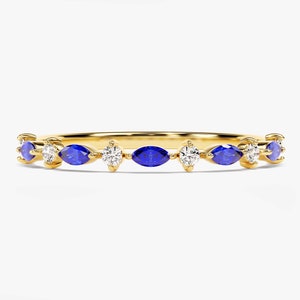 14k Solid Gold Sapphire Marquise Band / Alternating Marquise & Round Gemstone Ring for Women / Half Eternity Marquise Wedding Band