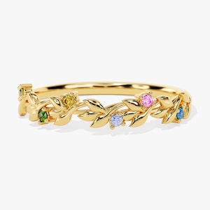 Floral Birthstone Ring / Nature-Inspired Leaf Ring in 14K Gold / Personalized Gemstone Ring for Women / Birthday Gift for Women