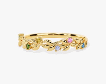 Floraler Geburtssteinring / Von der Natur inspirierter Blattring in 14K Gold / Personalisierter Edelsteinring für Frauen / Geburtstagsgeschenk für Frauen