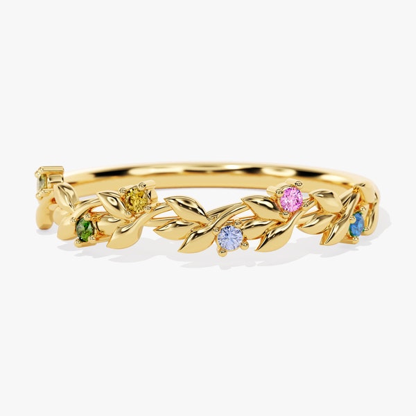 Floral Birthstone Ring / Nature-Inspired Leaf Ring in 14K Gold / Personalized Gemstone Ring for Women / Birthday Gift for Women