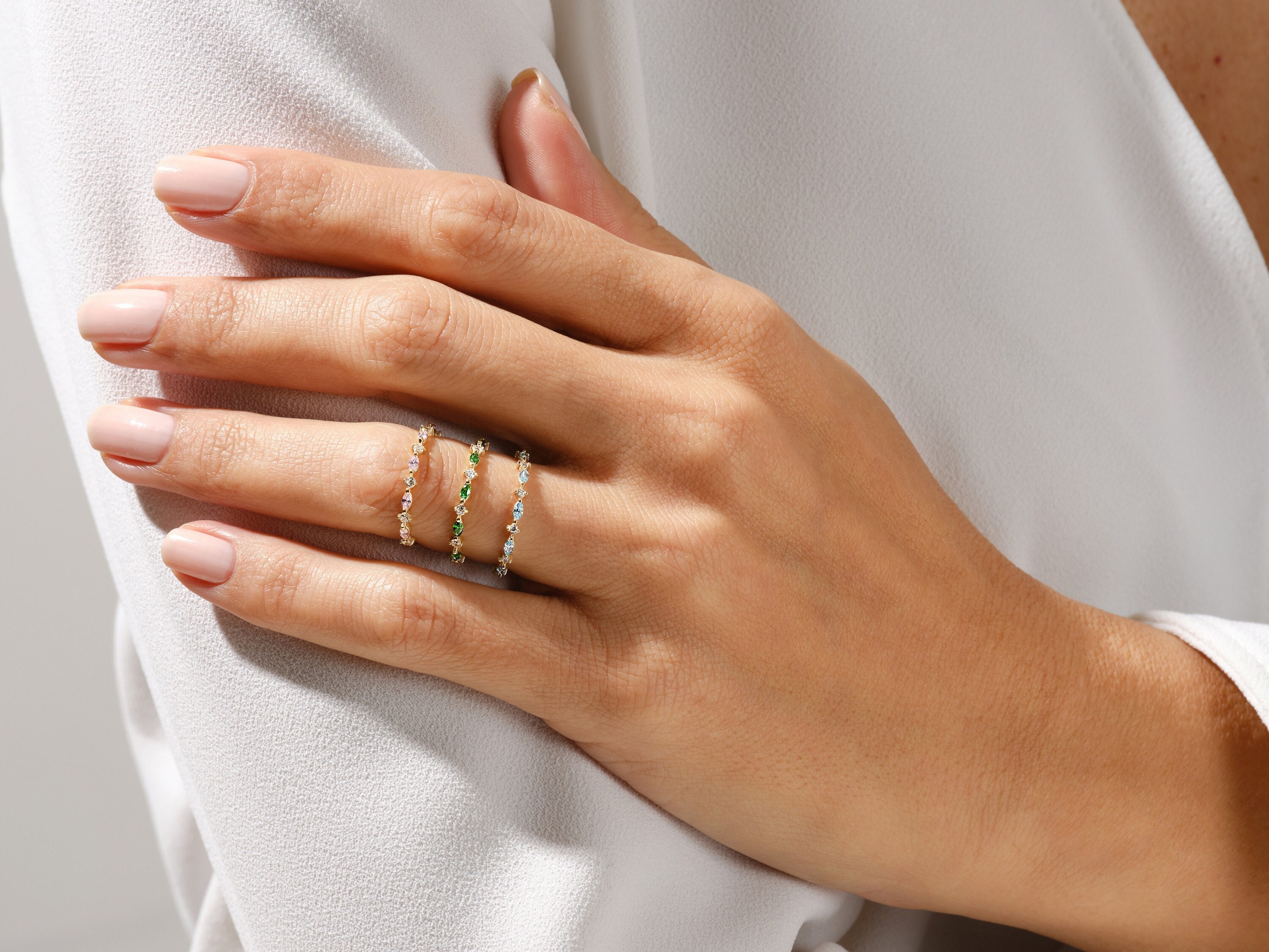 Gold Vermeil Marquise Birthstone Band / Alternating Marquise & Round Gemstone Ring for Women / Personalized Birthday Gift Rings