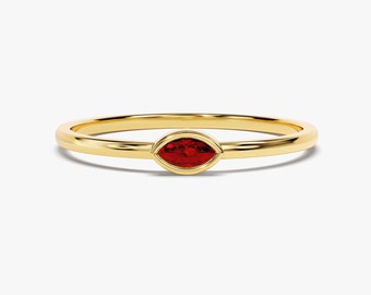 14k Gold Bezel Set Marquise Ruby Ring / Solitaire Birthstone Ring / Solid Gold Promise Ring for Women / Minimalist Stacking Gold Ring