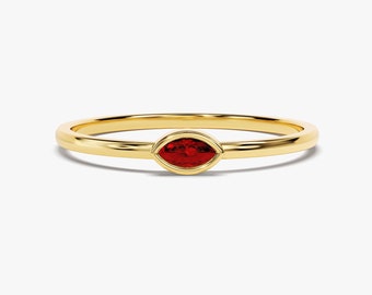 14k Gold Bezel Set Marquise Ruby Ring / Solitaire Birthstone Ring / Solid Gold Promise Ring for Women / Minimalist Stacking Gold Ring