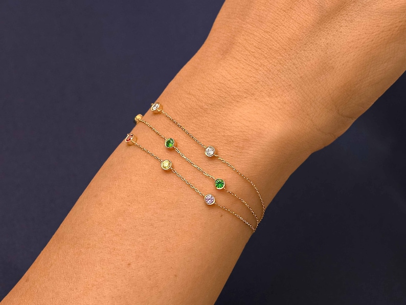 14k Solid Gold Emerald Station Bracelet / Personalized Family Bracelet / Multi Birthstone Bracelet / Custom Made Birthstone Gifts for Women image 4