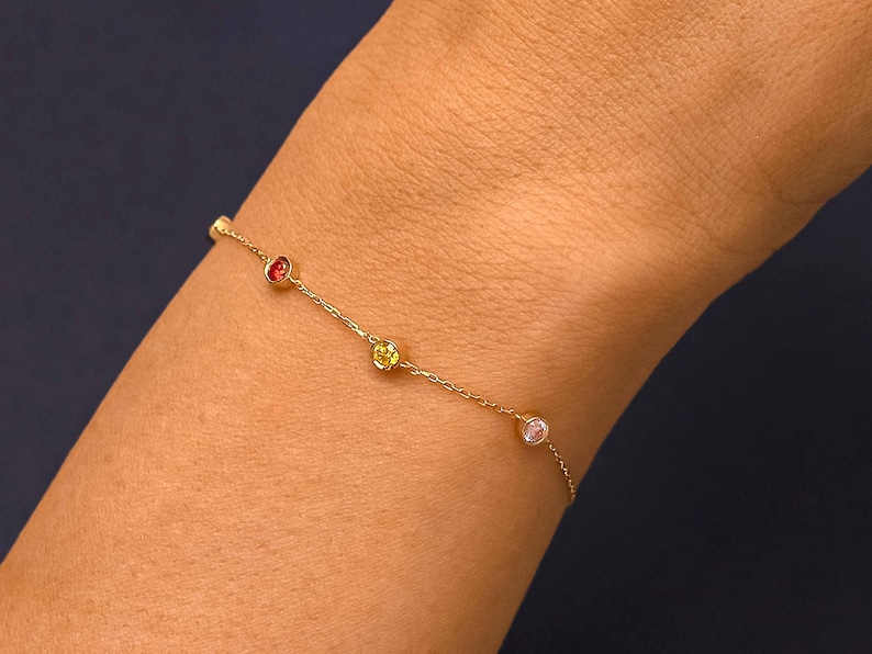 14k Solid Gold Emerald Station Bracelet / Personalized Family Bracelet / Multi Birthstone Bracelet / Custom Made Birthstone Gifts for Women image 5