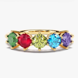 Anillo de cinco piedras con la piedra natal de la familia, anillo de gemas personalizado de 14k, regalo para mamá.