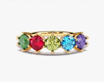 Five Stone Family Birthstone Ring, 14k Custom Gemstone Ring, Gift for Mom
