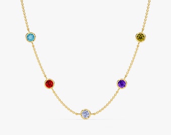 14k Solid Gold Bezel Set Station MultiStone Necklace/Personalized Gifts for Wife/Mother&#39;s Day Gift Ideas/Custom Birthstone Jewelry for Women