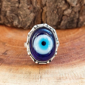 Pierścień Evil Eye Pierścień 925 Srebrny Pierścień Oksydowany Pierścień Na Szczęście Ręcznie Robiona Biżuteria Boho Pierścień Kaboszonowy Dla Mamy Prezent Dla Niej 6 Nas