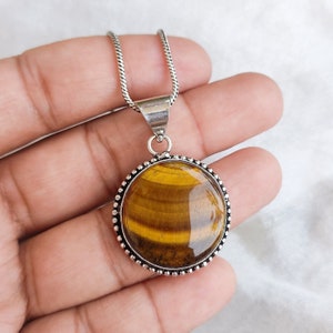 Tiger Eye Pendant 92.5 Silver Plated Chain Pendant Large Tiger Eye Crystal Pendant Handmade Boho Jewelry Gift For Her Anniversary Gift
