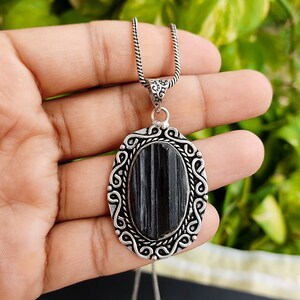Black Rough Tourmaline Pendant 92.5 Silver Plated Chain Necklace Rough Crystal Pendant Handmade Jewelry  For Mom Anniversary Gift