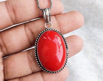 Red Coral Pendant Silver Plated Necklace, Handmade Boho Jewelry