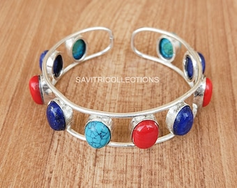 ターコイズ ラピスラズリ カフバングル ターコイズ、ラピスラズリ、レッドコーラルのマルチストーンバングル