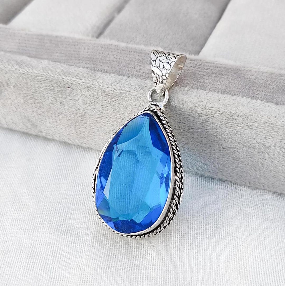 ネックレス・ペンダント blue quartz Necklace Blue Topaz Hydro Quartz Pendant Silver Plated Necklace, Handmade