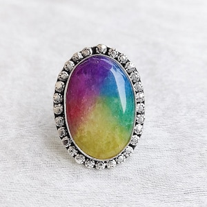 Large Rainbow Solar Quartz Ring 925 Silver Plated Ring Healing Crystal Ring Cabochon Ring Handmade Boho Jewelry Gift For Her Christmas Sale
