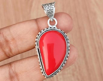 Red Coral Silver Pendant Necklace, Handmade Boho Jewelry
