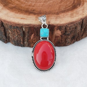 Red Coral-Turquoise Multi Stone Pendant 925 Silver Plated Necklace Moonga Gemstone Pendant Handmade Boho Jewelry For Her Christmas Sale