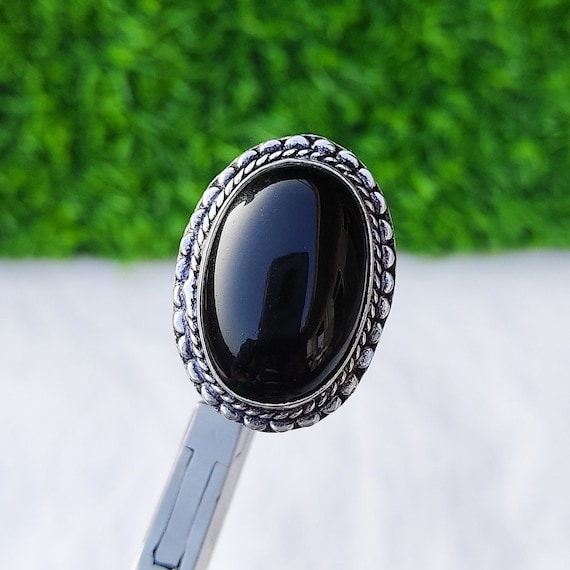 Black Onyx Ring 925 Silver Plated Ring Healing Large Crystal Ring