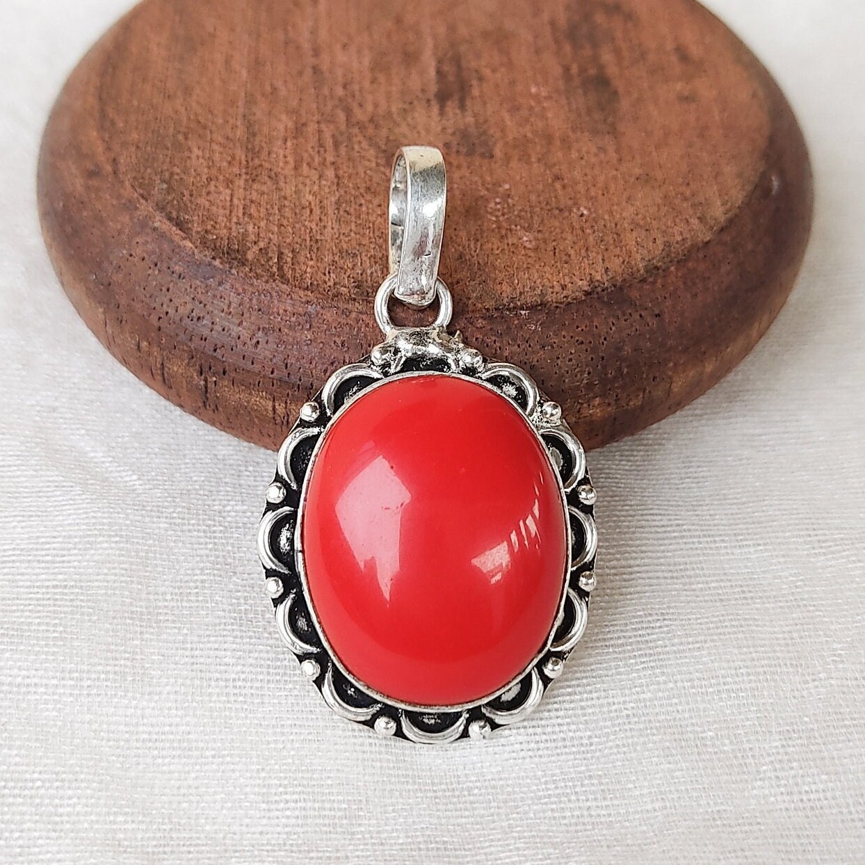 Red Coral Pendant With Silver Plated Chain Necklace Red Coral