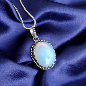 Milky Opal Pendant 92.5 Silver Plated Pendant Fire Opal Oval Shape Pendant Minimalist Blue Flash Necklace Handmade Boho Jewelry Gift for Her