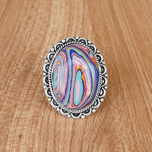 Large Rainbow Calsilica Ring 925 Silver Plated Ring Healing Crystal Ring Handmade Ring Boho Ring Cabochon Ring Gift For Her Christmas Sale