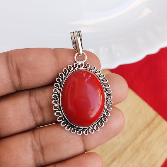 Red Coral Gemstone Pendant With Silver Plated Chain Necklace Big Size Moonga Gemstone Pendant Handmade Boho Jewelry Gift for Her Etsy