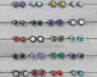 Wholesale Gemstone Stud Earrings, Silver Plated Handmade Boho Jewelry