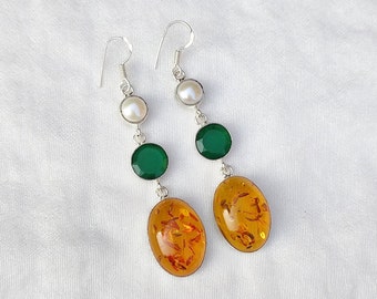 Amber Earring Multi Stone Dangle Earrings 92.5 Silver Plated  Earring Pearl Earrings Crystal Earring Handmade Boho Jewelry Gift For Her