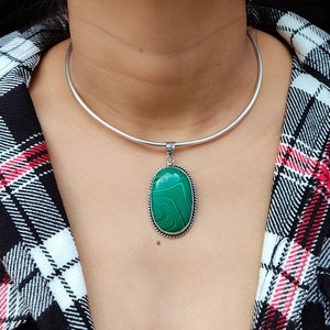 Large Malachite Pendant Choker Collar Necklace 925 Silver Plated Pendant Flexible Choker Necklace Handmade Jewelry For Christmas Sale