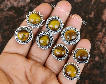 Tiger's Eye Wholesale Ring 92.5 Silver Plated Ring Large Gemstone Ring Lot Handmade Boho Jewelry Wholesale Best Price Bulk Jewelry