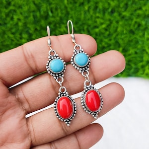 Turquoise And Red Coral Multi Stone Earring 92.5 Silver Plated Ear Wire Earring Dangle Earring Handmade Boho Jewelry Gift For Her