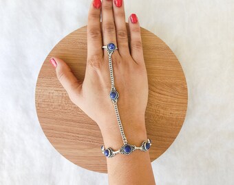 Lapis lazuli Ring Hand Chain Bracelet 925 Silver Plated Adjustable Hand Chain Bracelet Handmade Boho Jewelry For Mom Gift For Her