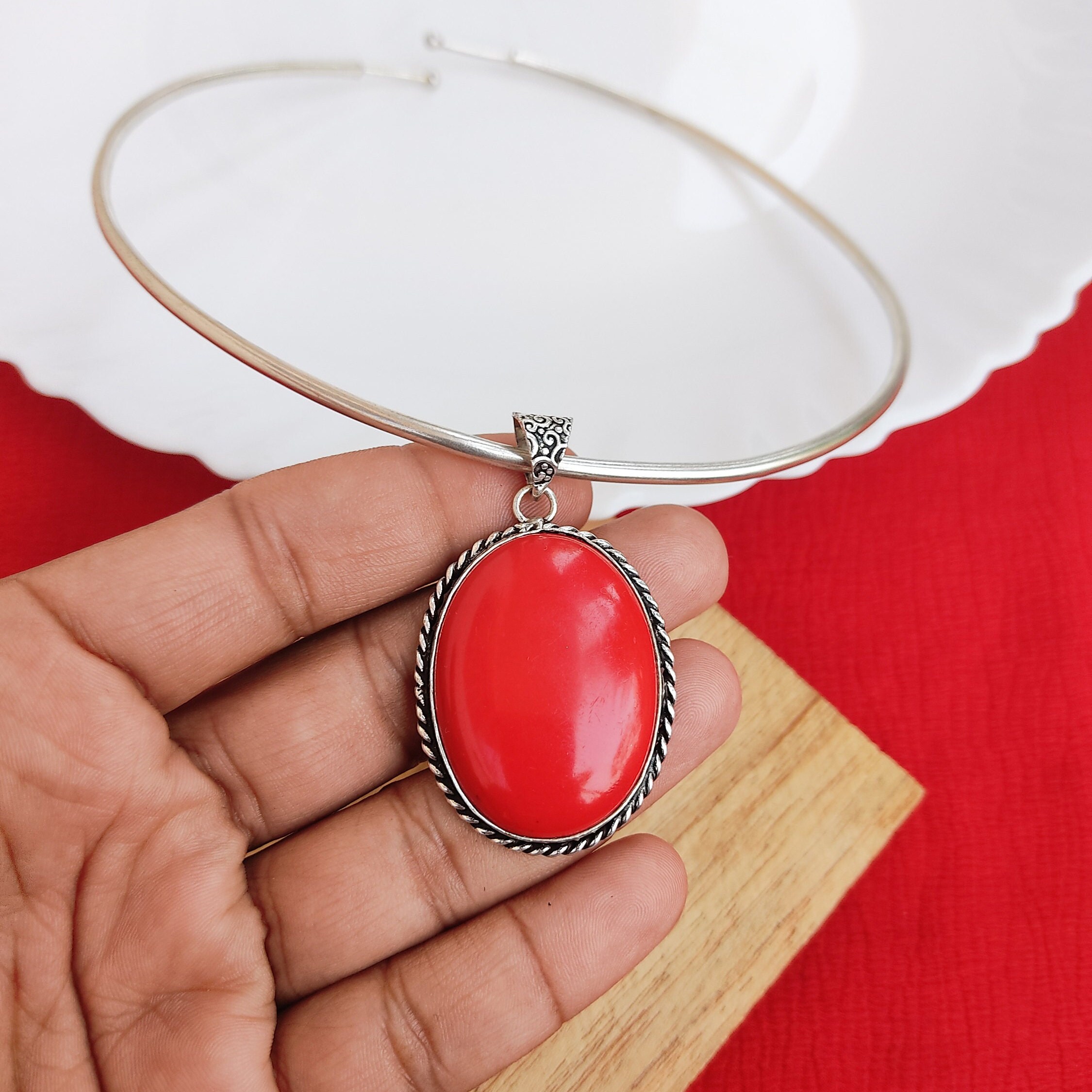 Collier Ras Du Cou Vintage En Corail Rouge Et Argent 925 - Bijou Naturel Français