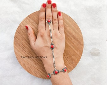 Red Coral Ring Hand Chain Bracelet 925 Silver Plated Adjustable Ring And Hand Chain Bracelet Handmade Boho Jewelry For Mom Gift For Her