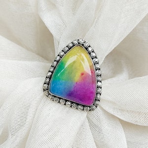 Large Rainbow Solar Quartz Ring 92.5 Silver Plated Ring Healing Crystal Ring Handmade Boho Jewelry Gift For Her Christmas Sale